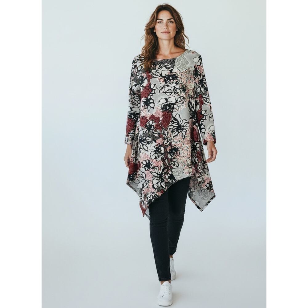 Bryn Walker Asymmetric Tunic Lagenlook Oversized Juniper Floral Jacquard L